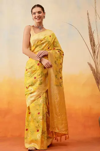 Yellow woven pure cotton ethnic saree with blouse piece
