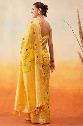 Yellow woven pure cotton ethnic saree with blouse piece