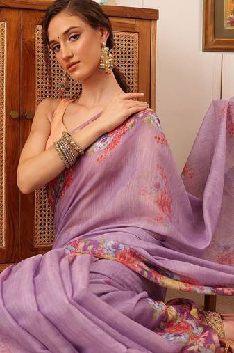 Lavender printed silk cotton ethnic saree with blouse piece