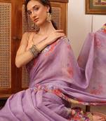 Lavender printed silk cotton ethnic saree with blouse piece