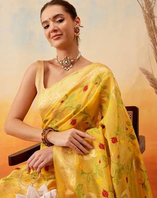 Yellow woven pure cotton ethnic saree with blouse piece 4