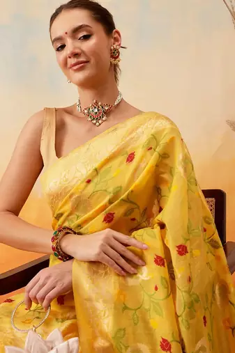 Yellow woven pure cotton ethnic saree with blouse piece