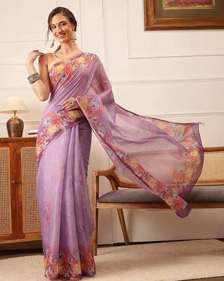 Lavender printed silk cotton ethnic saree with blouse piece 2