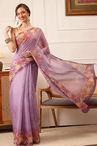 Lavender printed silk cotton ethnic saree with blouse piece