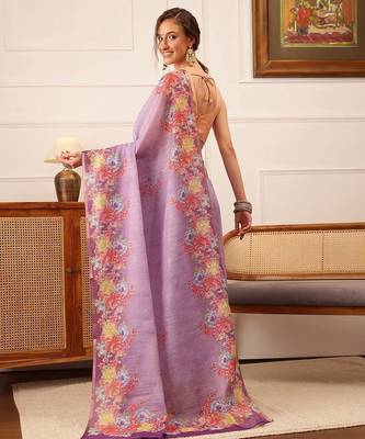 Lavender printed silk cotton ethnic saree with blouse piece 3