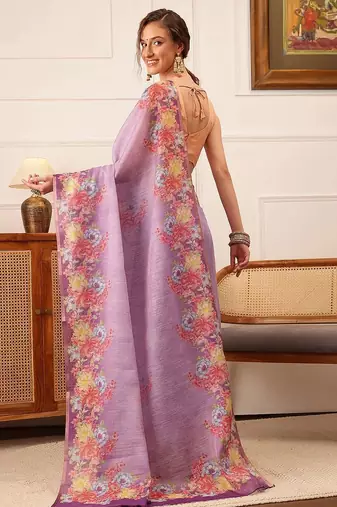 Lavender printed silk cotton ethnic saree with blouse piece