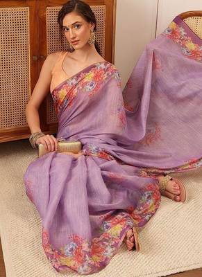 Lavender printed silk cotton ethnic saree with blouse piece 4