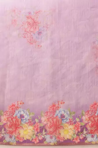 Lavender printed silk cotton ethnic saree with blouse piece
