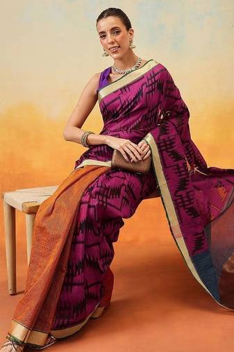 Purple woven pure cotton ethnic saree with blouse piece