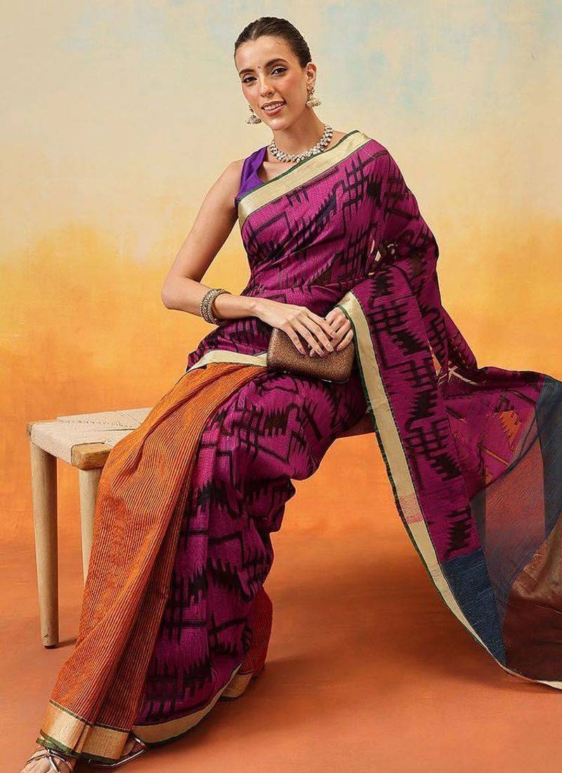 Purple woven pure cotton ethnic saree with blouse piece