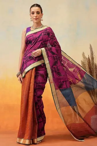Purple woven pure cotton ethnic saree with blouse piece