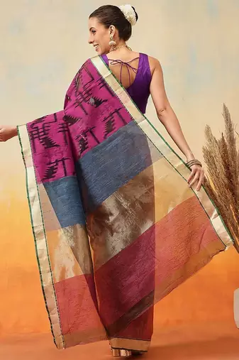 Purple woven pure cotton ethnic saree with blouse piece