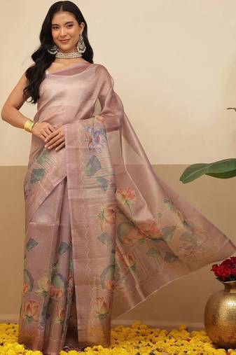 Lavender printed tissue traditional saree with blouse piece