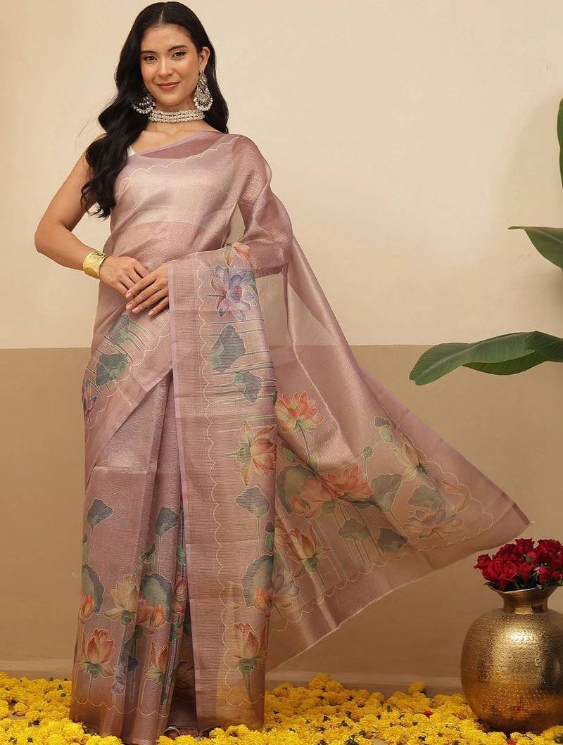 Lavender printed tissue traditional saree with blouse piece
