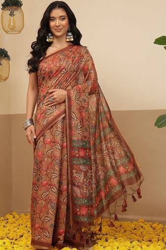 Brown printed cotton blend ethnic saree with blouse piece