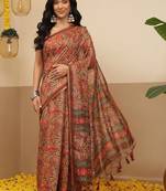 Brown printed cotton blend ethnic saree with blouse piece