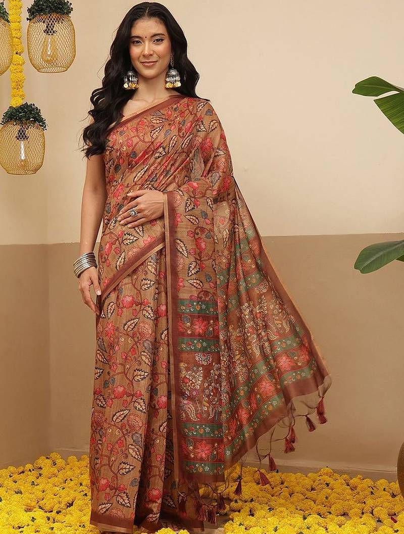 Brown printed cotton blend ethnic saree with blouse piece