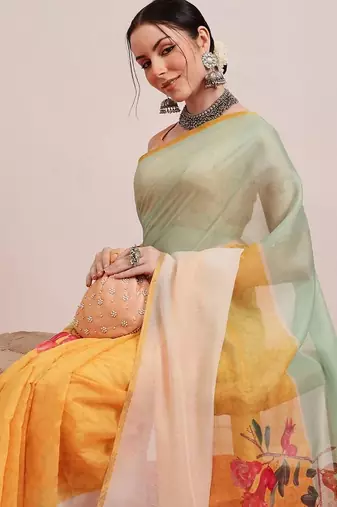 Yellow printed cotton blend ethnic saree with blouse piece