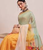 Yellow printed cotton blend ethnic saree with blouse piece