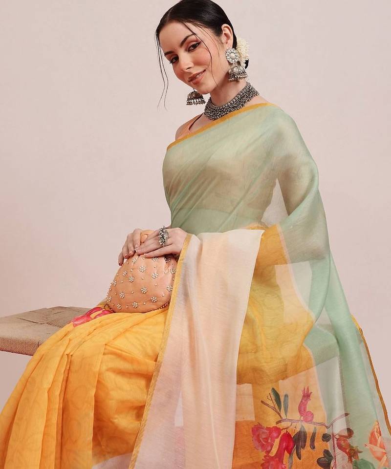 Yellow printed cotton blend ethnic saree with blouse piece