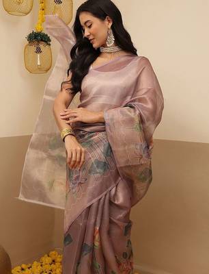Lavender printed tissue traditional saree with blouse piece 2