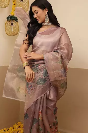 Lavender printed tissue traditional saree with blouse piece