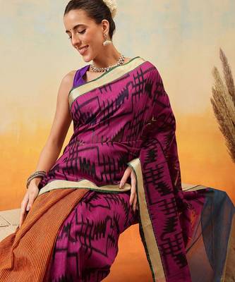 Purple woven pure cotton ethnic saree with blouse piece 4