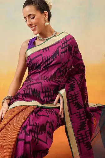 Purple woven pure cotton ethnic saree with blouse piece