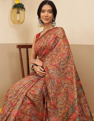 Brown printed cotton blend ethnic saree with blouse piece 2
