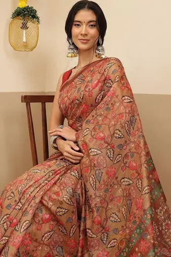 Brown printed cotton blend ethnic saree with blouse piece