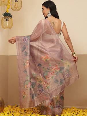 Lavender printed tissue traditional saree with blouse piece 3