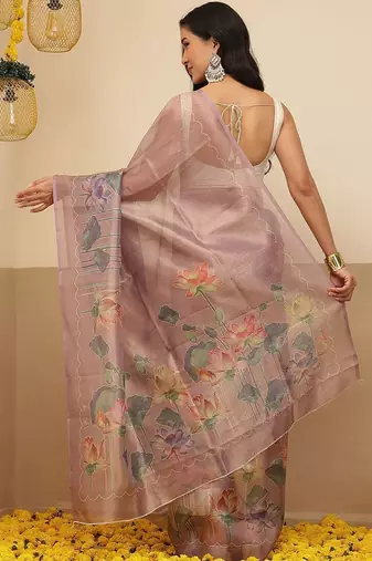 Lavender printed tissue traditional saree with blouse piece