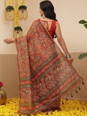 Brown printed cotton blend ethnic saree with blouse piece 3
