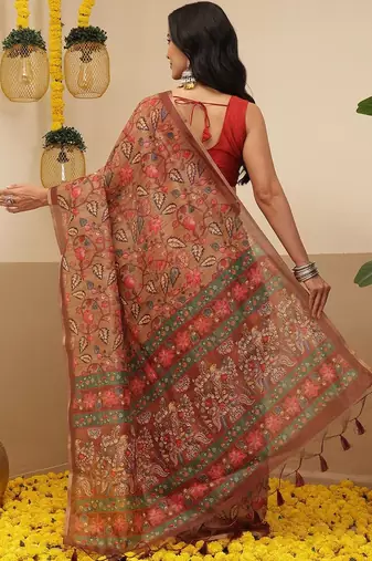 Brown printed cotton blend ethnic saree with blouse piece