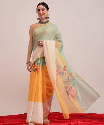 Yellow printed cotton blend ethnic saree with blouse piece 2