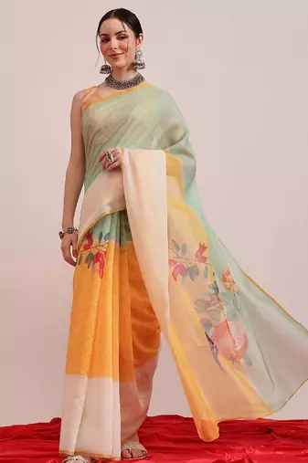 Yellow printed cotton blend ethnic saree with blouse piece