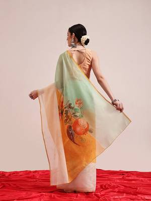Yellow printed cotton blend ethnic saree with blouse piece 3