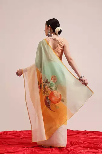 Yellow printed cotton blend ethnic saree with blouse piece