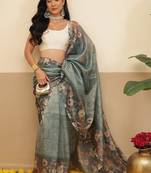 Teal printed tissue traditional saree with blouse piece