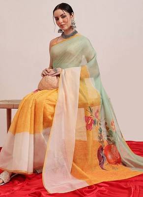 Yellow printed cotton blend ethnic saree with blouse piece 4