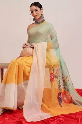 Yellow printed cotton blend ethnic saree with blouse piece