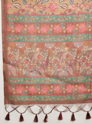 Brown printed cotton blend ethnic saree with blouse piece 5