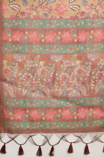 Brown printed cotton blend ethnic saree with blouse piece
