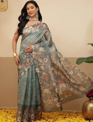 Teal printed tissue traditional saree with blouse piece 2