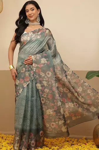 Teal printed tissue traditional saree with blouse piece