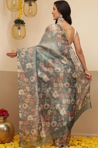 Teal printed tissue traditional saree with blouse piece