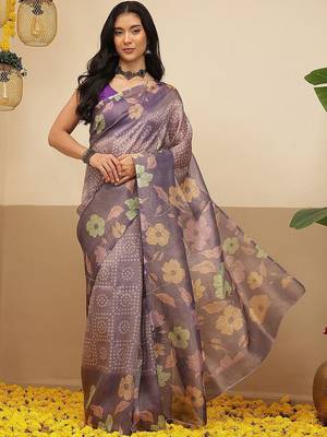 Violet printed tissue traditional saree with blouse piece 1