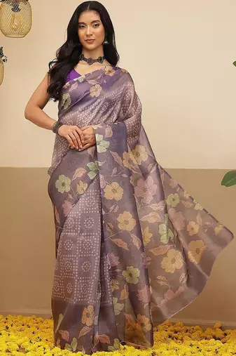 Violet printed tissue traditional saree with blouse piece
