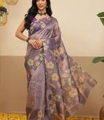 Violet printed tissue traditional saree with blouse piece