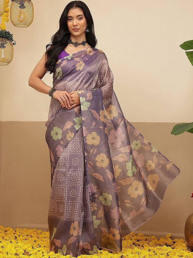 Violet printed tissue traditional saree with blouse piece